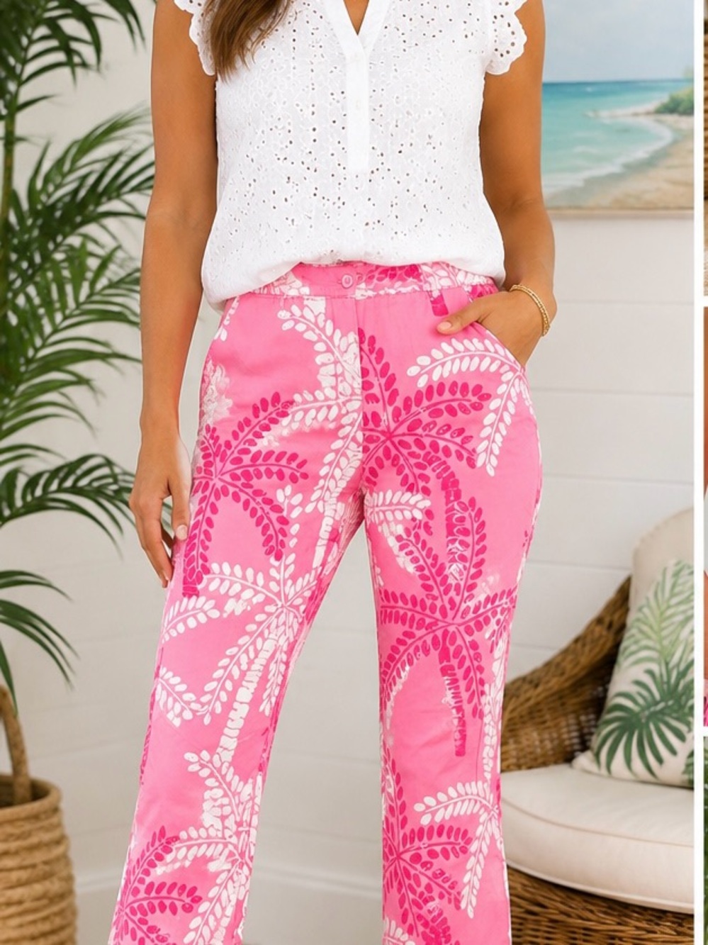 Vintage Lilly Pulitzer Pink & White Palm - Capri Pants - Size 6